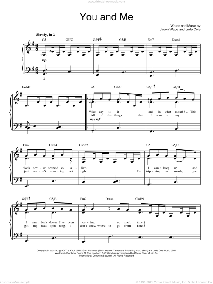 You And Me sheet music for piano solo by Lifehouse, Jason Wade and Jude Cole, easy skill level
