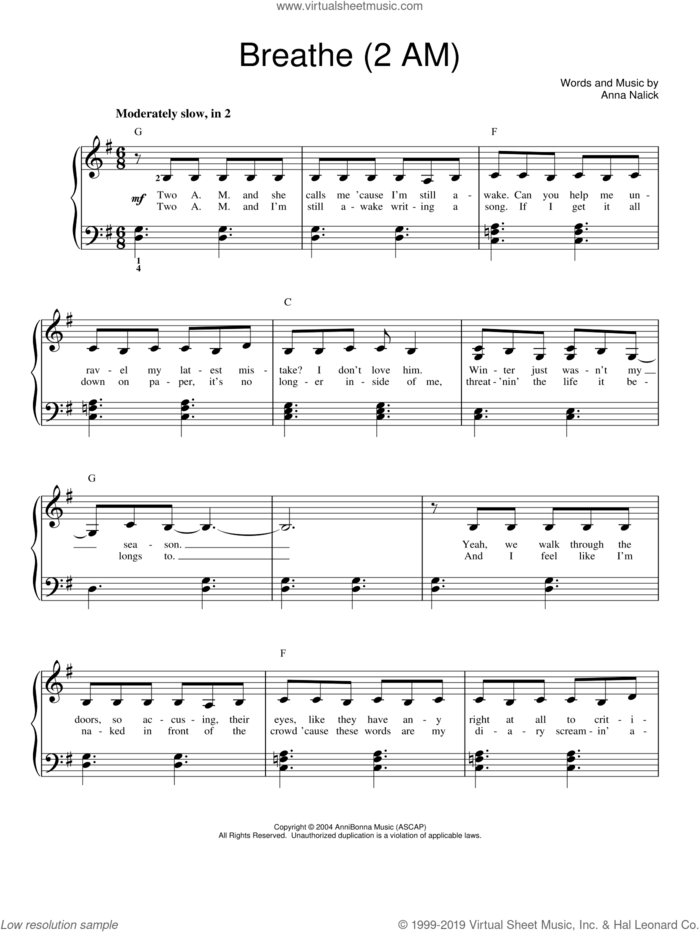 Breathe (2 AM) sheet music for piano solo by Anna Nalick, easy skill level