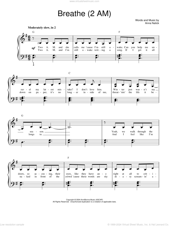 Breathe (2 AM) sheet music for piano solo by Anna Nalick, easy skill level