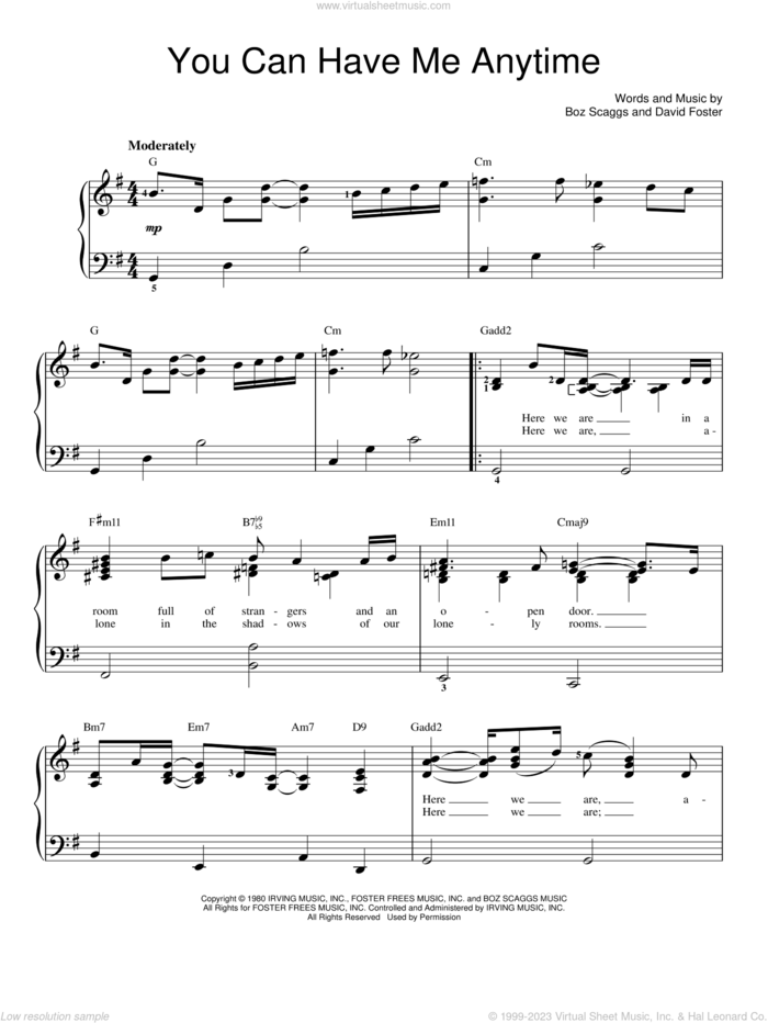 You Can Have Me Anytime sheet music for piano solo by Boz Scaggs and David Foster, easy skill level