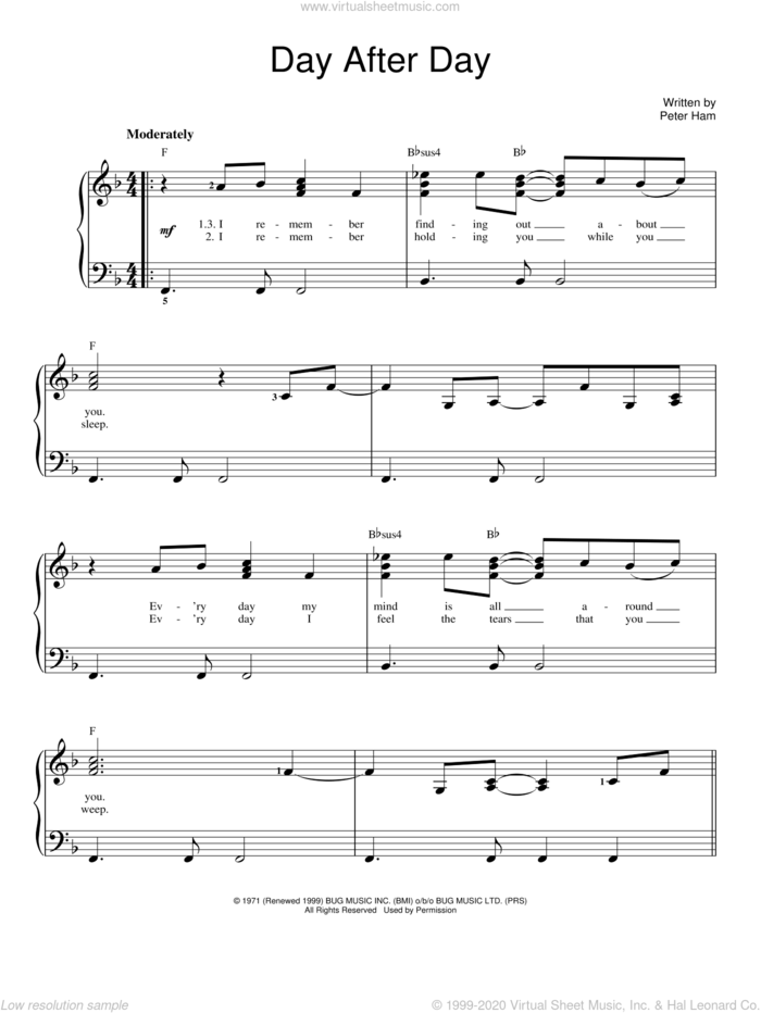 Day After Day sheet music for piano solo by Badfinger and Pete Ham, easy skill level
