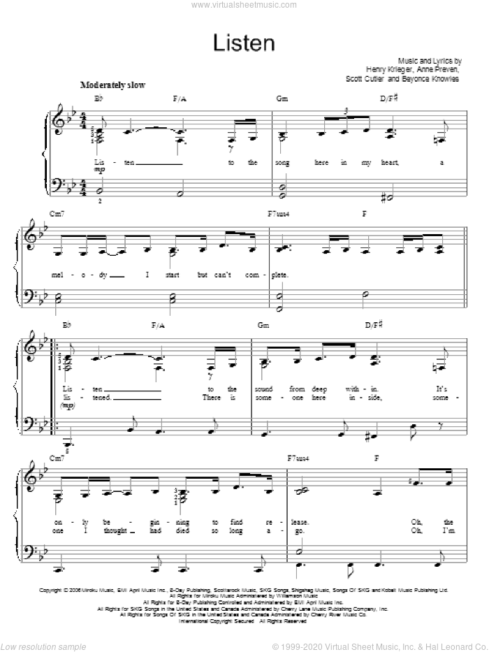 Listen sheet music for piano solo by Beyonce, Dreamgirls (Movie), Anne Preven, Henry Krieger and Scott Cutler, easy skill level