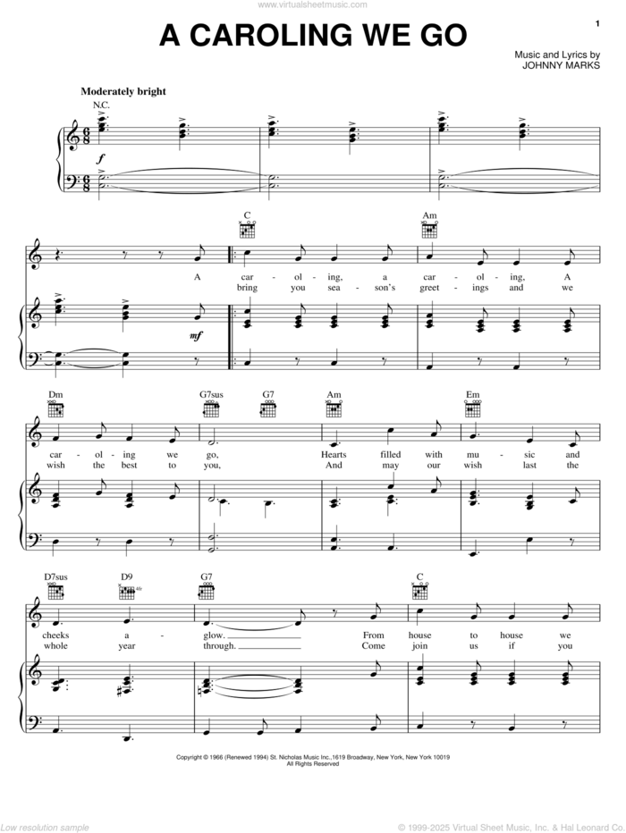 A Caroling We Go sheet music for voice, piano or guitar by Johnny Marks, intermediate skill level