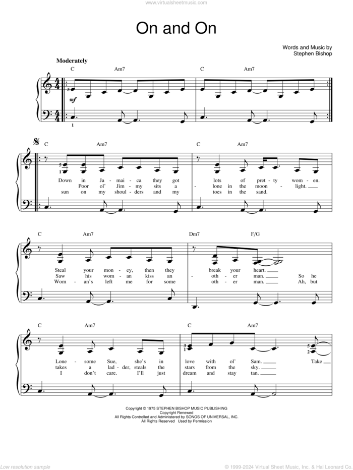 On And On sheet music for piano solo by Stephen Bishop, easy skill level