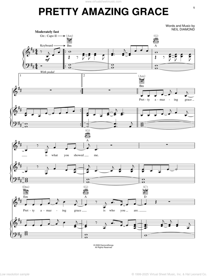 Pretty Amazing Grace sheet music for voice, piano or guitar by Neil Diamond, intermediate skill level