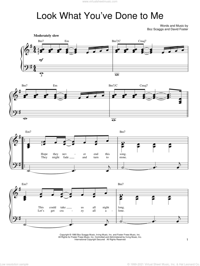 Look What You've Done To Me sheet music for piano solo by Boz Scaggs and David Foster, wedding score, easy skill level