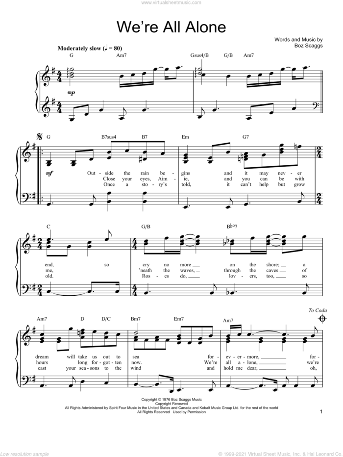 We're All Alone sheet music for piano solo by Boz Scaggs, easy skill level
