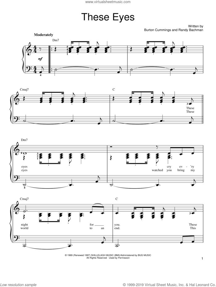 These Eyes sheet music for piano solo by The Guess Who, Burton Cummings and Randy Bachman, easy skill level