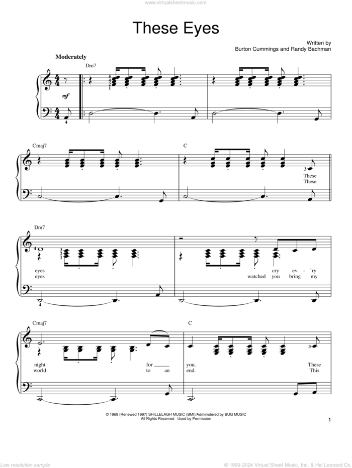 These Eyes sheet music for piano solo by The Guess Who, Burton Cummings and Randy Bachman, easy skill level