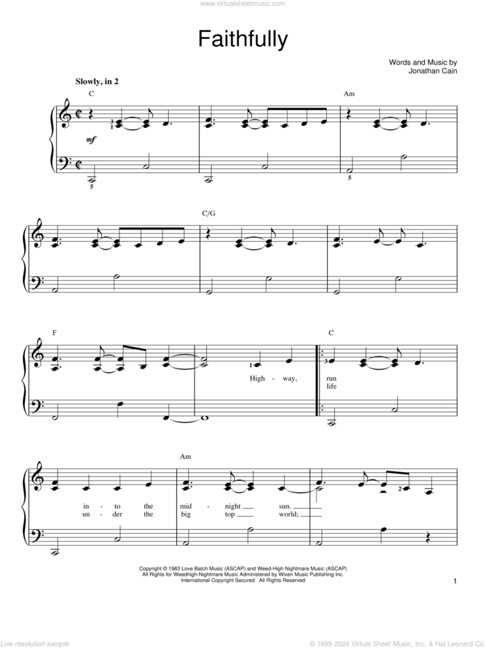 Faithfully, (easy) sheet music for piano solo by Journey and Jonathan Cain, easy skill level