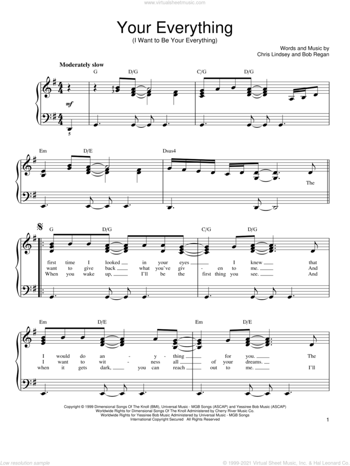 Your Everything (I Want To Be Your Everything) sheet music for piano solo by Keith Urban, Bob Regan and Chris Lindsey, easy skill level