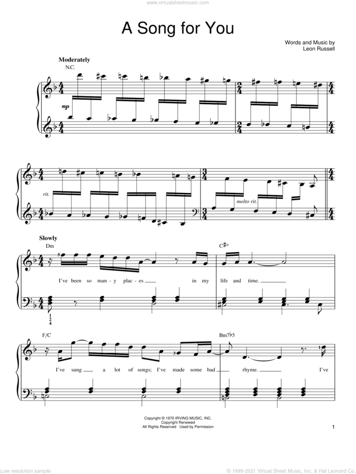 A Song For You sheet music for piano solo by Leon Russell, easy skill level