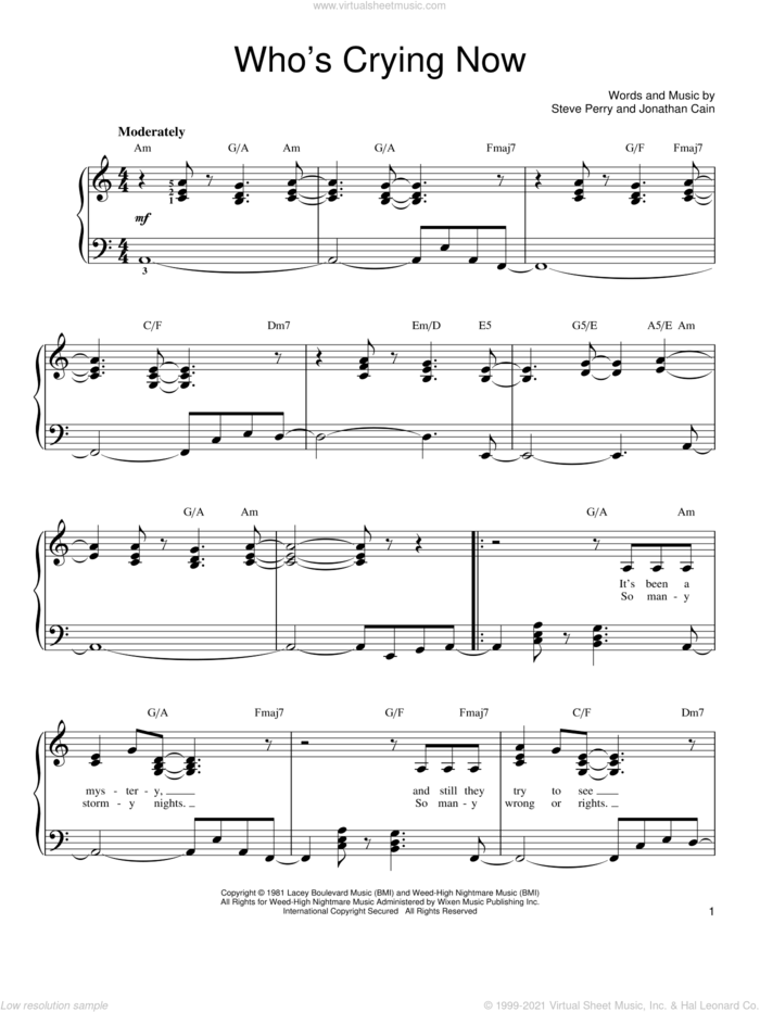 Who's Crying Now sheet music for piano solo by Journey, Jonathan Cain and Steve Perry, easy skill level