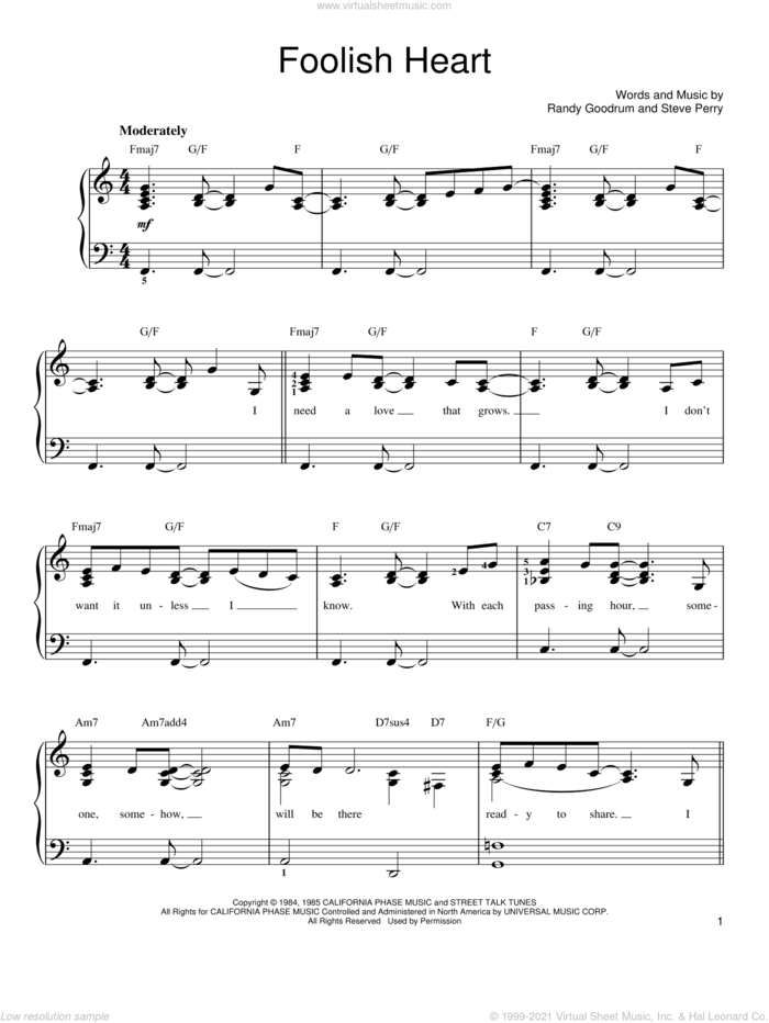 Foolish Heart sheet music for piano solo by Steve Perry and Randy Goodrum, easy skill level