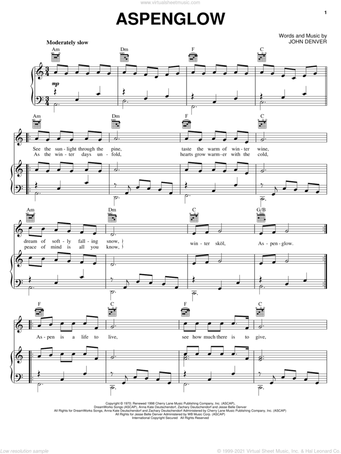 Aspenglow sheet music for voice, piano or guitar by John Denver, intermediate skill level