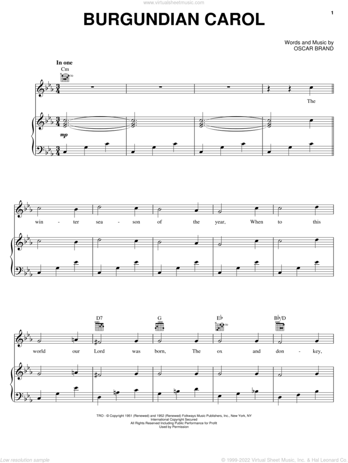 Burgundian Carol sheet music for voice, piano or guitar by Oscar Brand, intermediate skill level