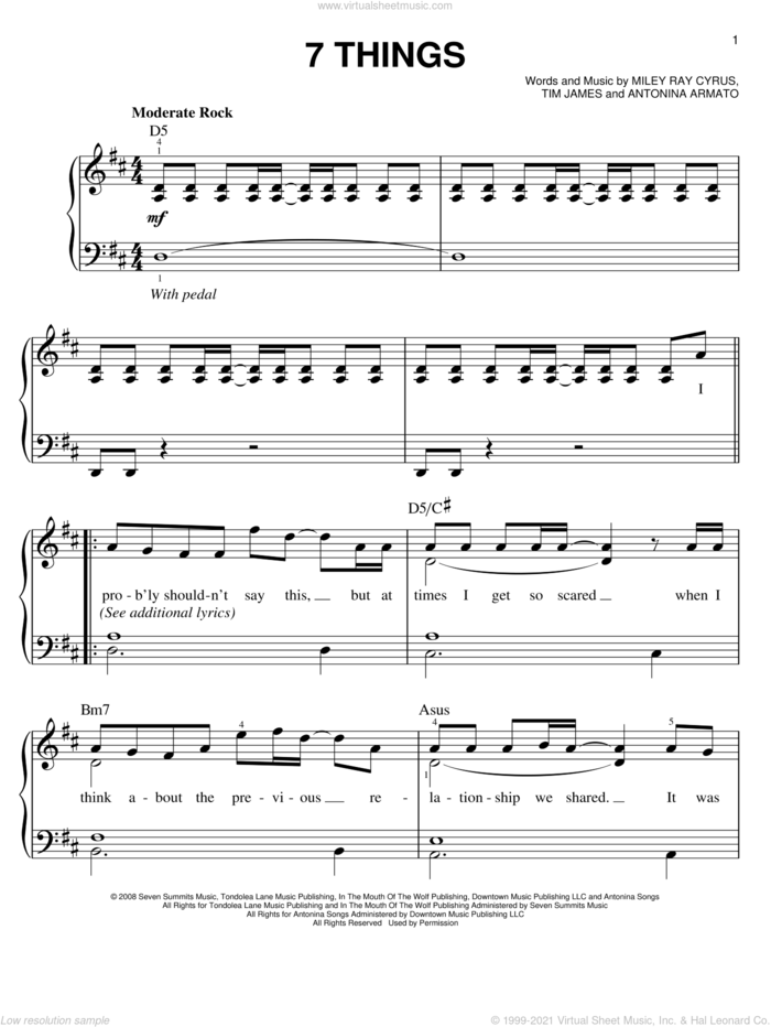 7 Things sheet music for piano solo by Miley Cyrus, Antonina Armato, Miley Ray Cyrus and Tim James, easy skill level