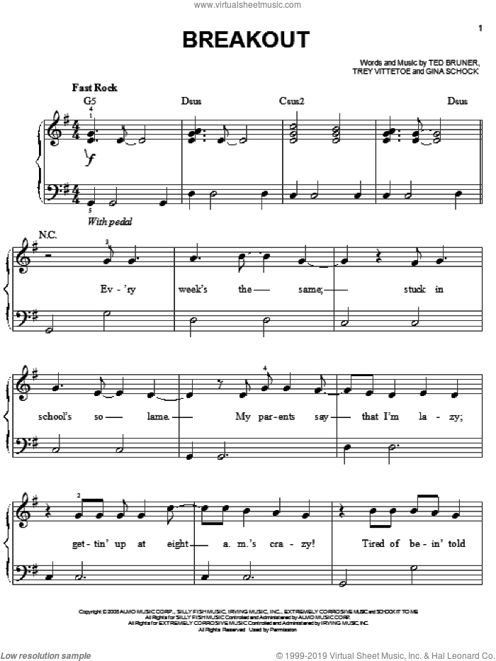 Breakout sheet music for piano solo by Miley Cyrus, Gina Schock, Ted Bruner and Trey Vittetoe, easy skill level