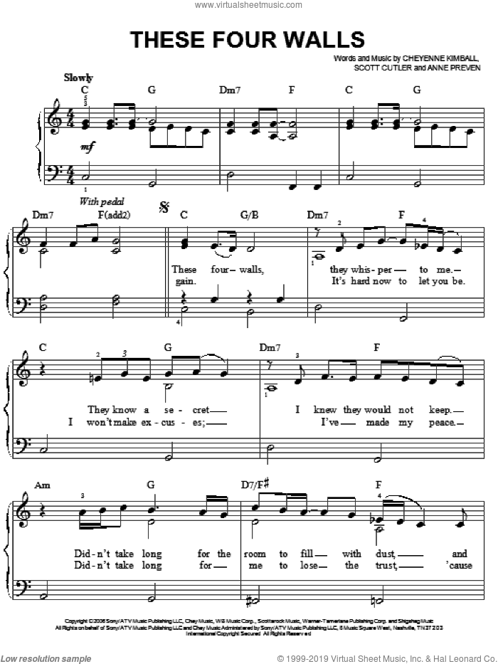 These Four Walls sheet music for piano solo by Miley Cyrus, Anne Preven, Cheyenne Kimball and Scott Cutler, easy skill level
