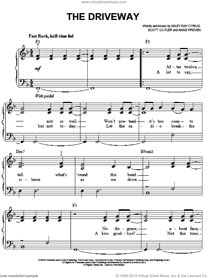 The Driveway sheet music for piano solo by Miley Cyrus, Anne Preven, Miley Ray Cyrus and Scott Cutler, easy skill level