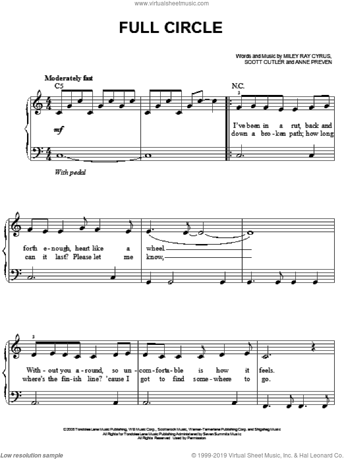 Full Circle sheet music for piano solo by Miley Cyrus, Anne Preven, Miley Ray Cyrus and Scott Cutler, easy skill level