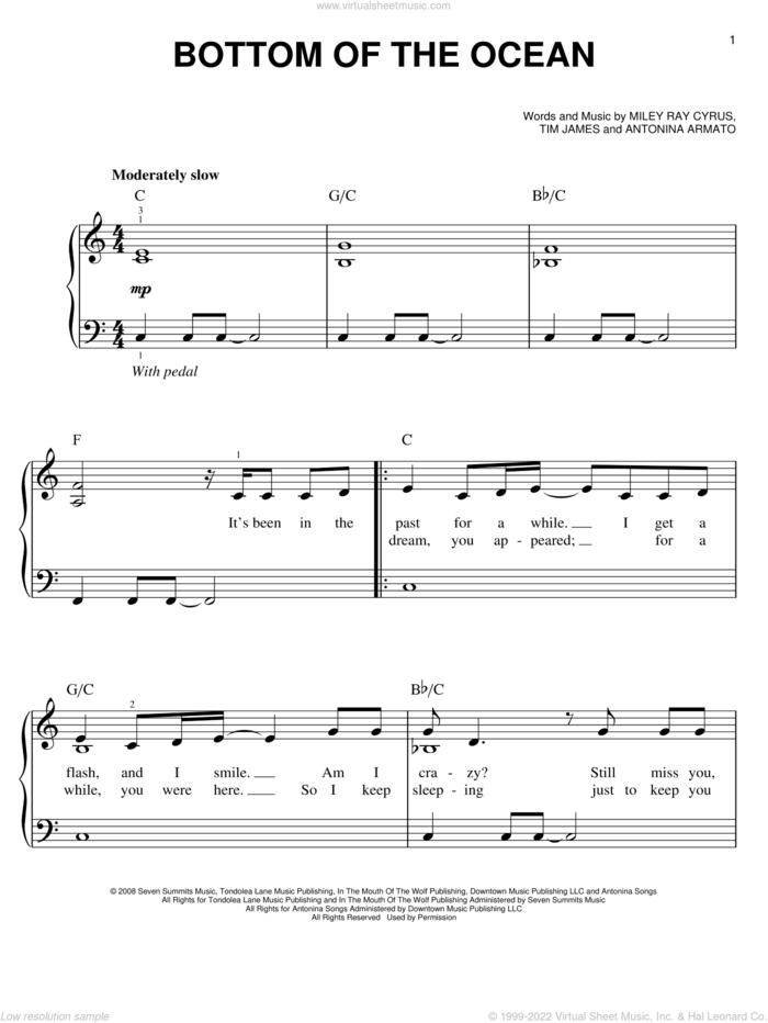 Bottom Of The Ocean sheet music for piano solo by Miley Cyrus, Antonina Armato, Miley Ray Cyrus and Tim James, easy skill level