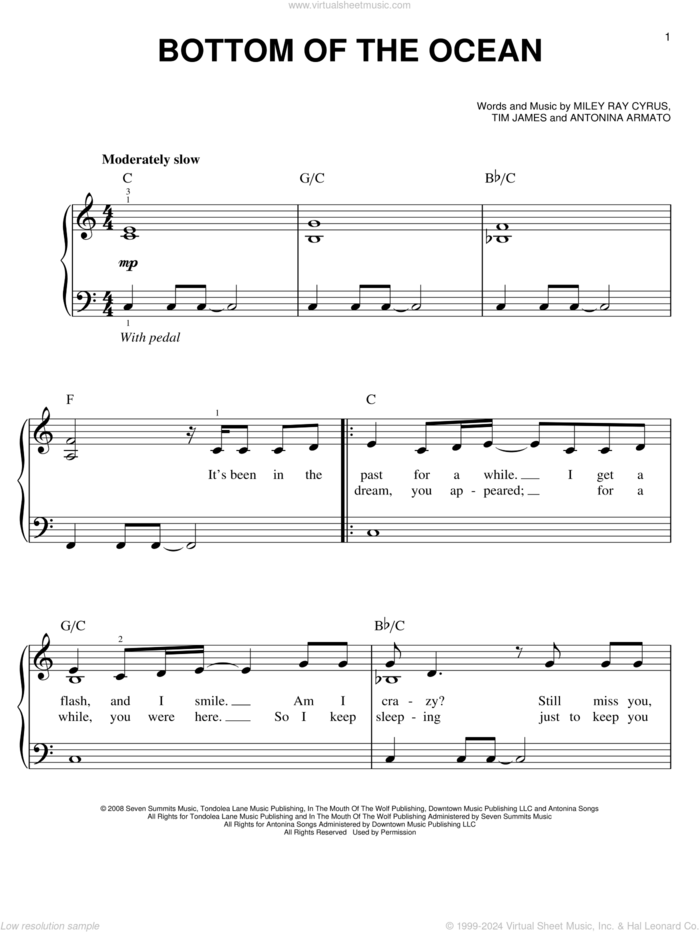 Bottom Of The Ocean sheet music for piano solo by Miley Cyrus, Antonina Armato, Miley Ray Cyrus and Tim James, easy skill level