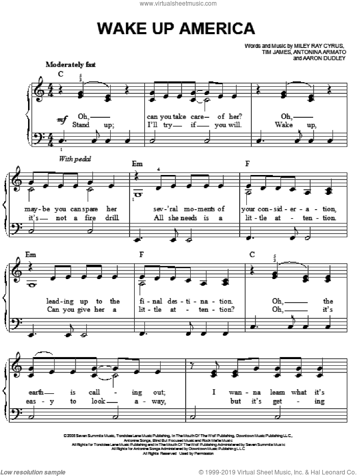 Wake Up America sheet music for piano solo by Miley Cyrus, Aaron Dudley, Antonina Armato, Miley Ray Cyrus and Tim James, easy skill level