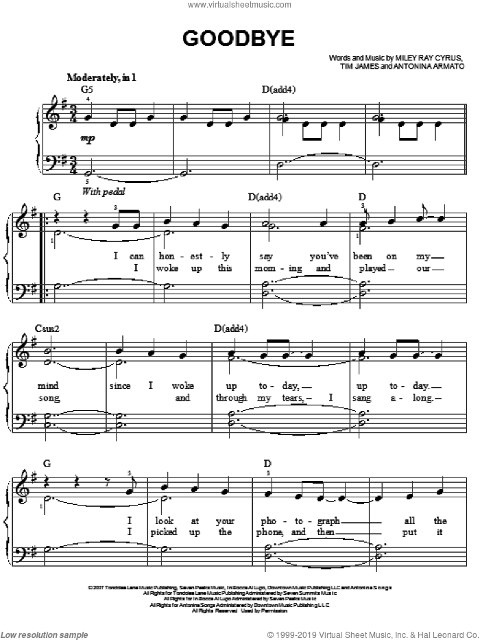 Goodbye sheet music for piano solo by Miley Cyrus, Antonina Armato, Miley Ray Cyrus and Tim James, easy skill level