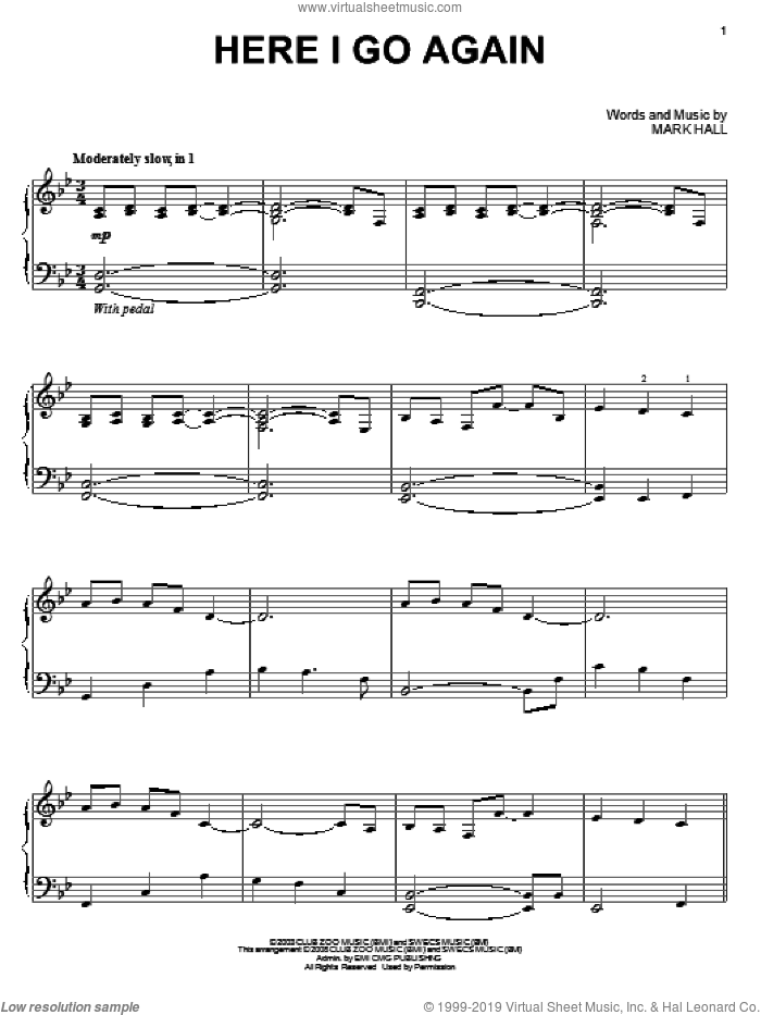 Here I Go Again sheet music for piano solo by Casting Crowns and Mark Hall, intermediate skill level
