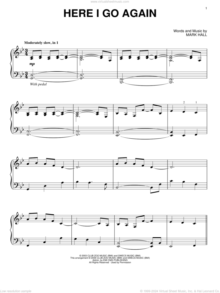 Here I Go Again, (intermediate) sheet music for piano solo by Casting Crowns and Mark Hall, intermediate skill level