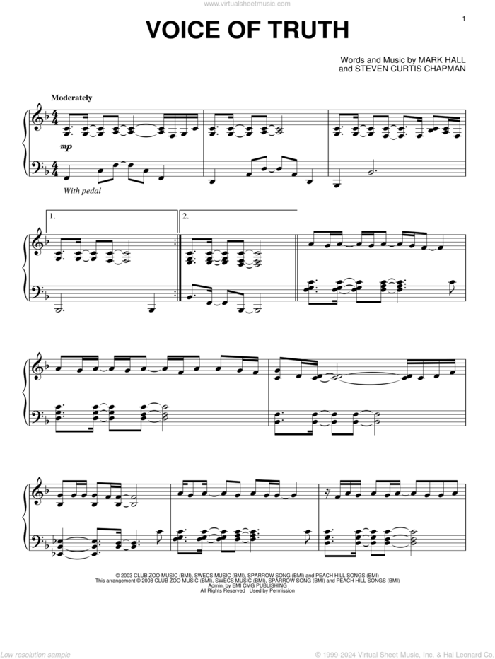 Voice Of Truth, (intermediate) sheet music for piano solo by Casting Crowns, Mark Hall and Steven Curtis Chapman, intermediate skill level