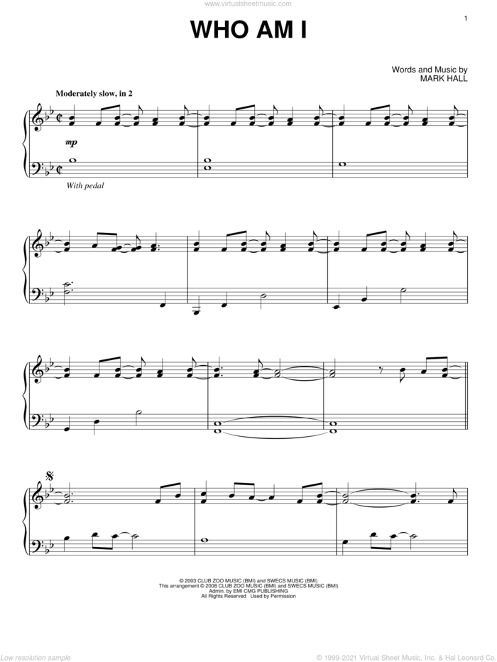 Who Am I, (intermediate) sheet music for piano solo by Casting Crowns and Mark Hall, intermediate skill level