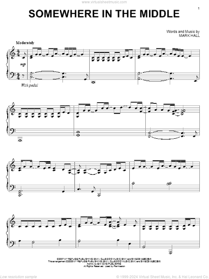 Somewhere In The Middle, (intermediate) sheet music for piano solo by Casting Crowns and Mark Hall, intermediate skill level