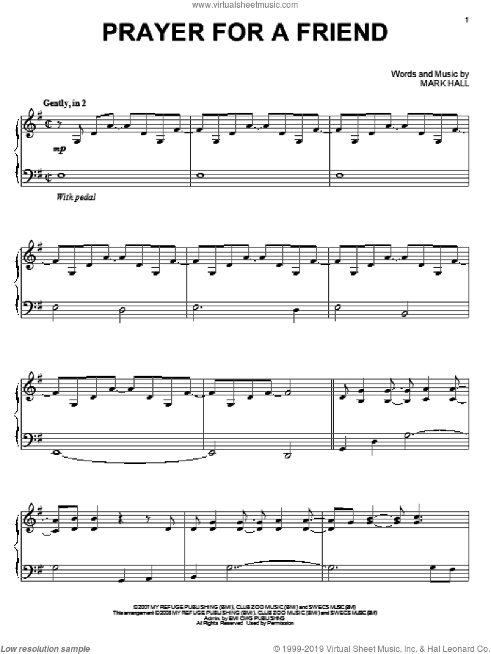 Prayer For A Friend sheet music for piano solo by Casting Crowns and Mark Hall, intermediate skill level