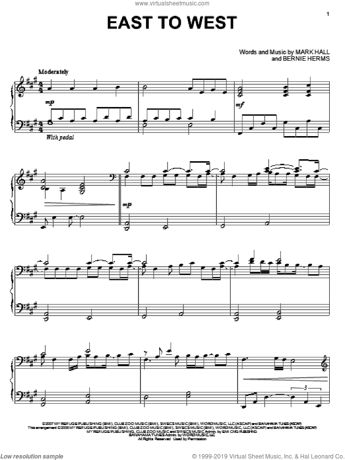 East To West sheet music for piano solo by Casting Crowns, Bernie Herms and Mark Hall, intermediate skill level