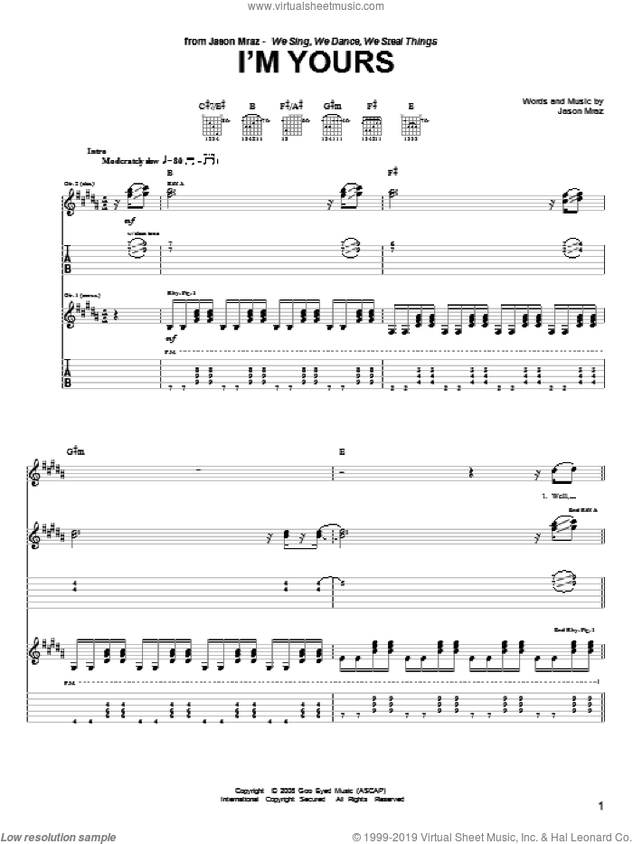 I'm Yours sheet music for guitar (tablature) by Jason Mraz, intermediate skill level