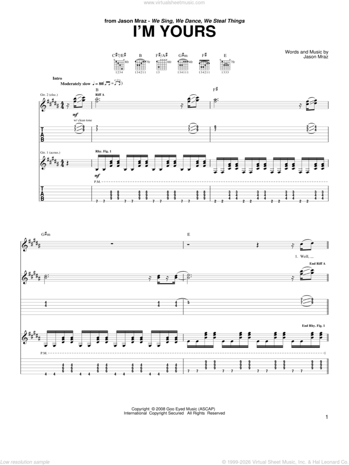 I'm Yours sheet music for guitar (tablature) by Jason Mraz, wedding score, intermediate skill level