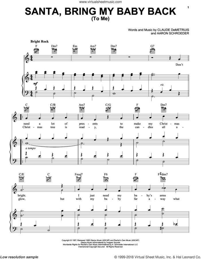 Santa, Bring My Baby Back (To Me) sheet music for voice, piano or guitar by Elvis Presley, Aaron Schroeder and Claude DeMetruis, intermediate skill level
