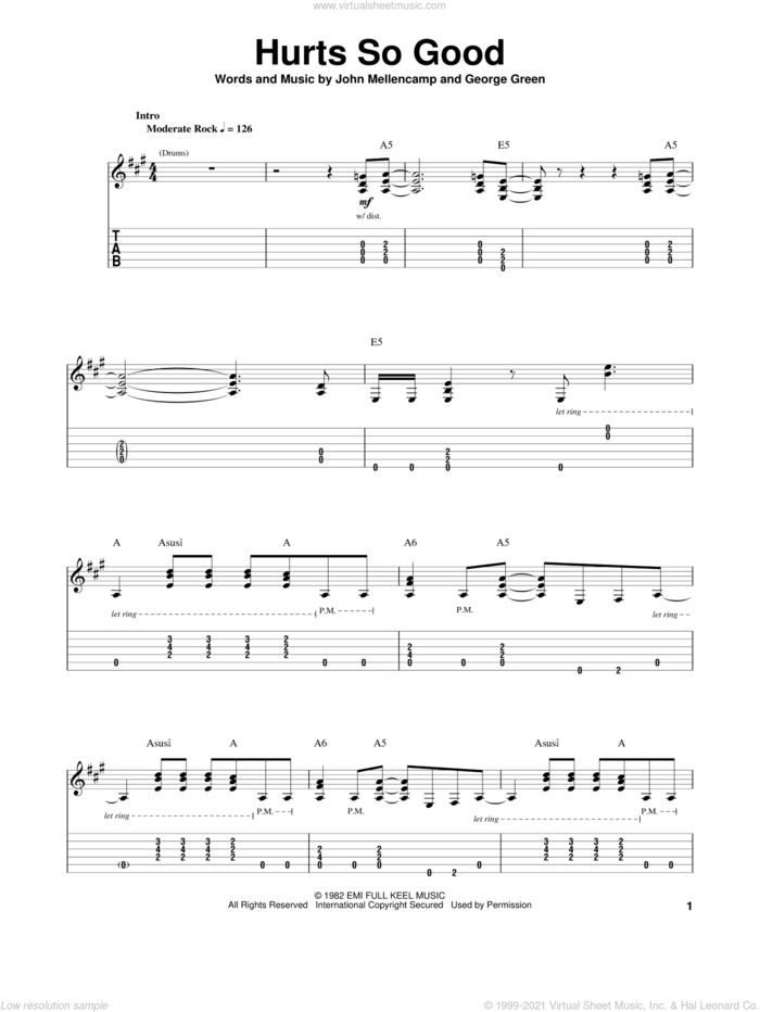 Hurts So Good sheet music for guitar (tablature, play-along) by John Mellencamp and George Green, intermediate skill level