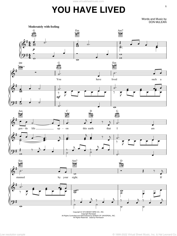 You Have Lived sheet music for voice, piano or guitar by Don McLean, intermediate skill level