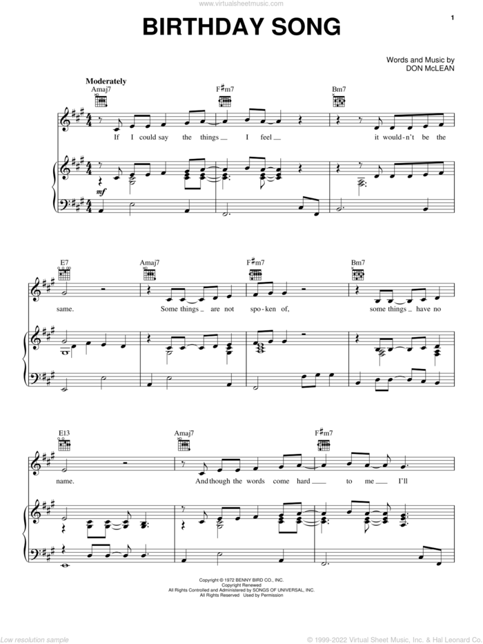 Birthday Song sheet music for voice, piano or guitar by Don McLean, intermediate skill level