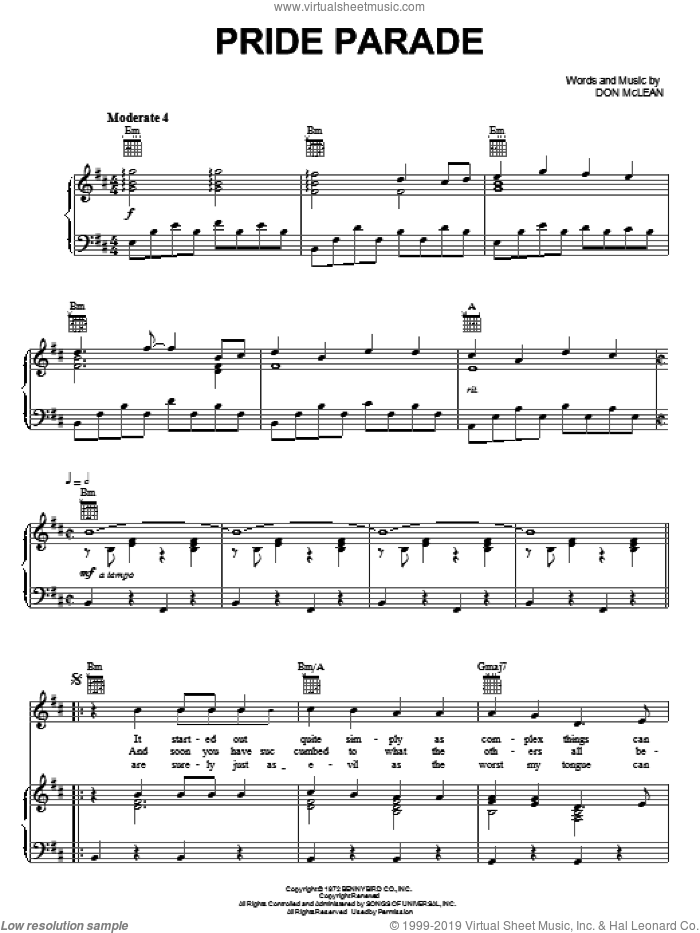 Pride Parade sheet music for voice, piano or guitar by Don McLean, intermediate skill level