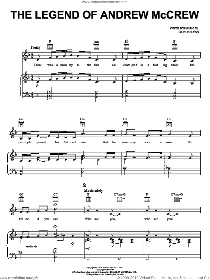 The Legend Of Andrew McCrew sheet music for voice, piano or guitar by Don McLean, intermediate skill level
