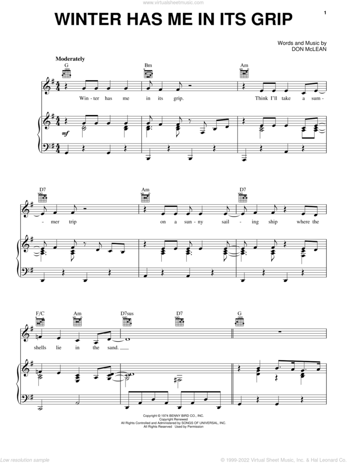 Winter Has Me In Its Grip sheet music for voice, piano or guitar by Don McLean, intermediate skill level
