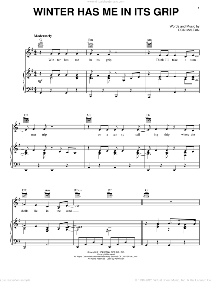 Winter Has Me In Its Grip sheet music for voice, piano or guitar by Don McLean, intermediate skill level