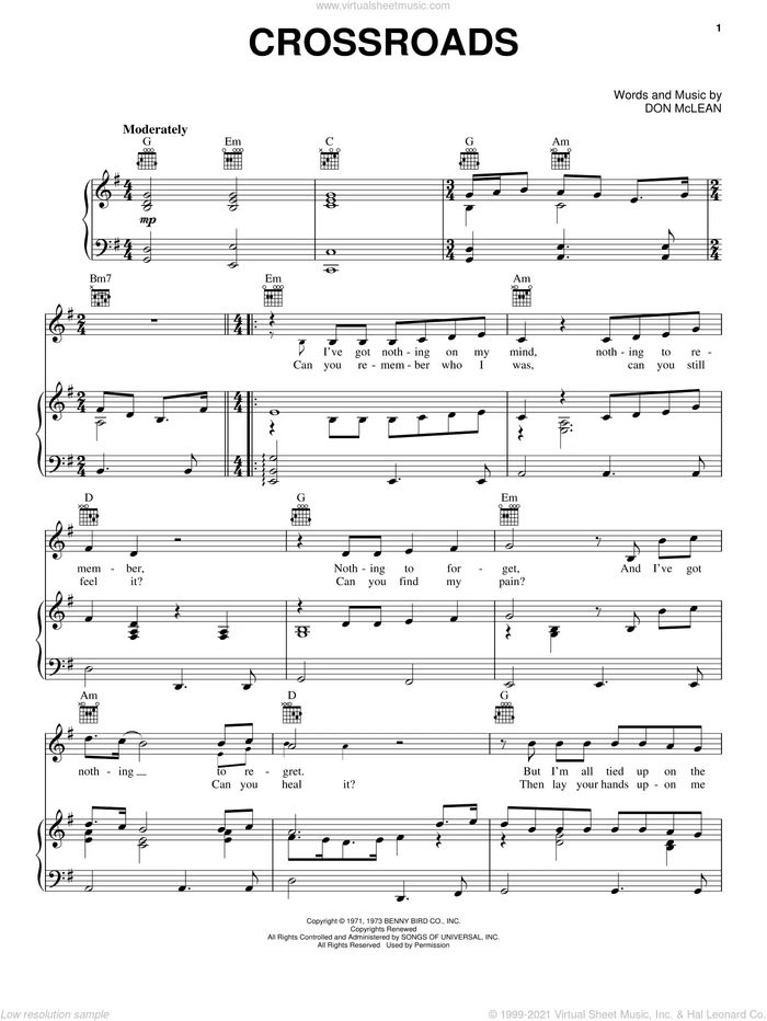 Crossroads sheet music for voice, piano or guitar by Don McLean, intermediate skill level