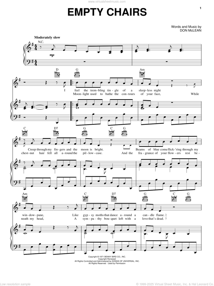 Empty Chairs sheet music for voice, piano or guitar by Don McLean, intermediate skill level