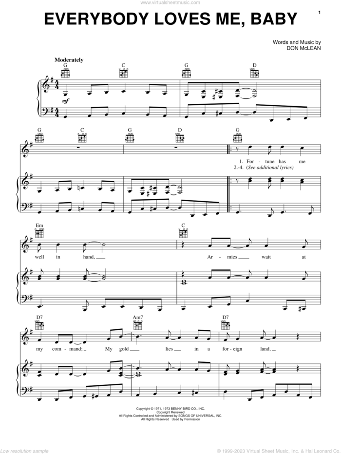 Everybody Loves Me, Baby sheet music for voice, piano or guitar by Don McLean, intermediate skill level