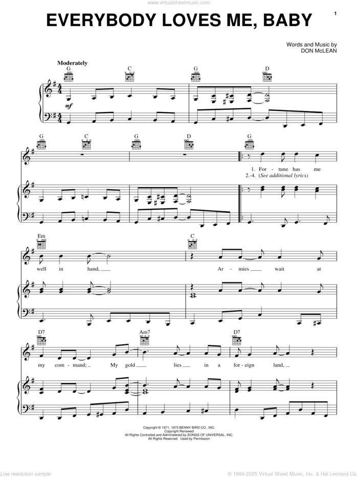 Everybody Loves Me, Baby sheet music for voice, piano or guitar by Don McLean, intermediate skill level